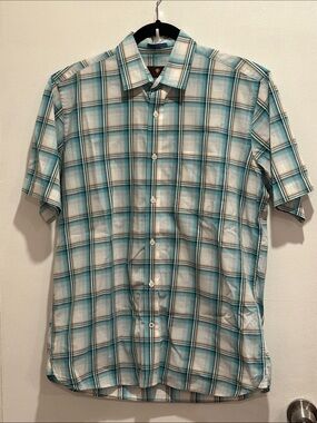 Toscano teal striped casual button down shirt